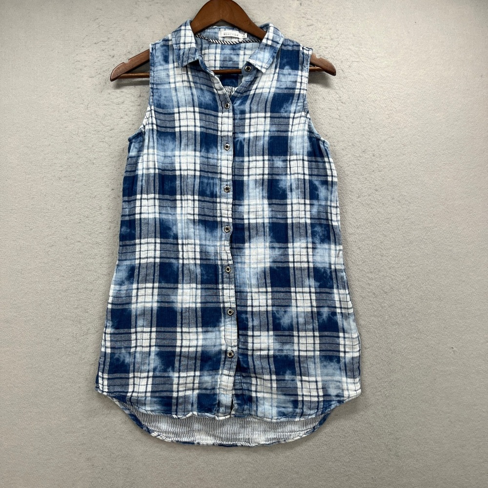 Kenneth Cole Reaction Sleeveless Shirt Tunic Womens Medium Blue Plaid Tie Dye